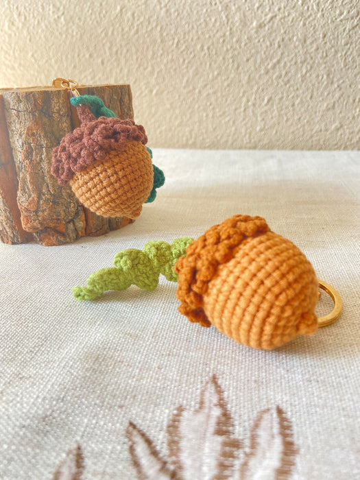 Handmade Crochet Acorn Keychain with Oak Leaf