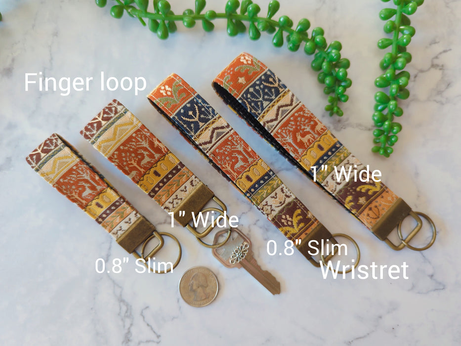 Deer and Tree, 0.8" Slim Wristet, Key Fob made out of Japanese Silk Obi Fabric,Keychain Wristlet, Silk Kimono Key Fob, Lanyards for Key Strap Keychain, Wrist Lanyard, New Car Gift