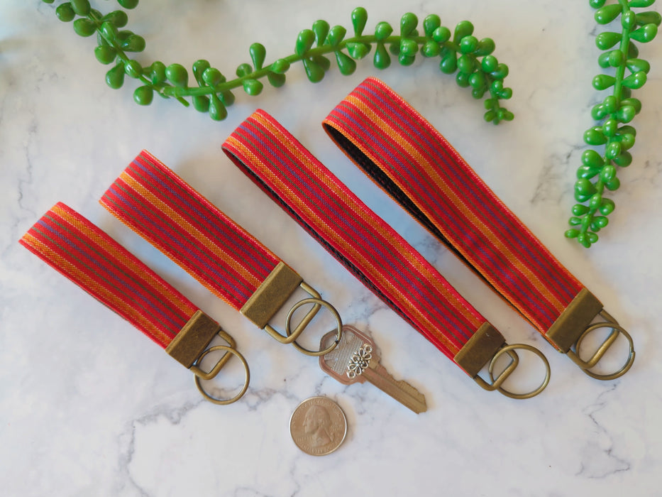 Red Stripe Pattern, 0.8" Slim Finger Loop, Key Fob made out of Japanese Silk Obi Fabric,Keychain Wristlet, Silk Kimono Key Fob, Lanyards for Key Strap Keychain, Wrist Lanyard, New Car Gift