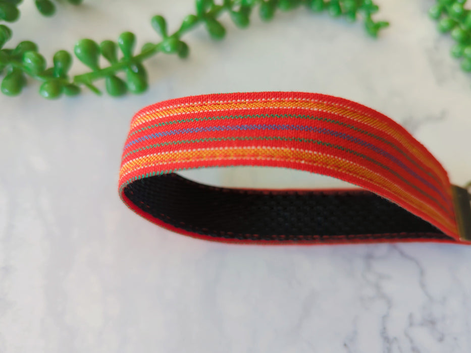 Red Stripe Pattern, 1" Wide Wristlet, Key Fob made out of Japanese Silk Obi Fabric,Keychain Wristlet, Silk Kimono Key Fob, Lanyards for Key Strap Keychain, Wrist Lanyard, New Car Gift