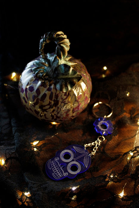 Acrylic Día de los Muertos Themed Blue Sugar Skull/Flower Keychain