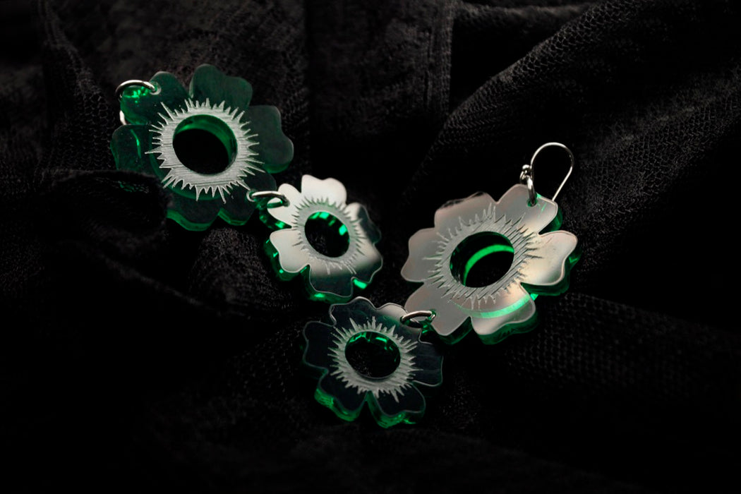 Acrylic Día de los Muertos Themed Earrings (Forest Green Flowers)