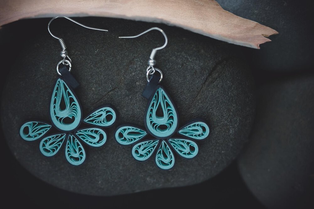 Kalapin (Peacock) - Turquoise Teardrop Quilling Earrings - Paper Jewelry - One Year Anniversary Gift