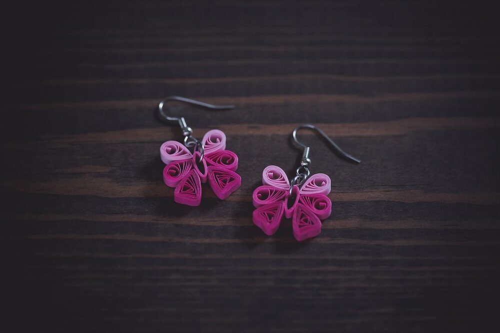 Patala (Pink) - Pink Bow Paper Quilling Earrings - 1st Anniversary Gift For Her - Paper jewelry