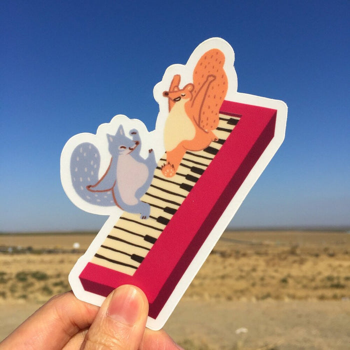 Pianist Squirrels duet Sticker  |  Cute Animal Musician sticker | Clear Vinyl Sticker| 4"x4"