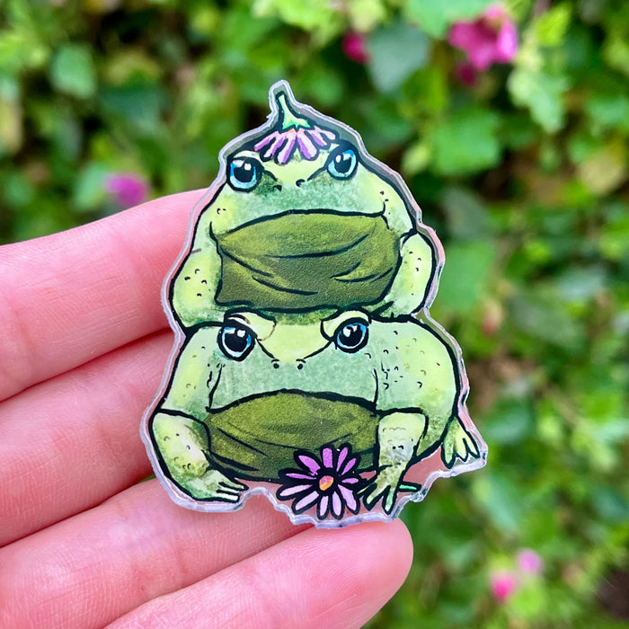 Stacking green toads acrylic pin