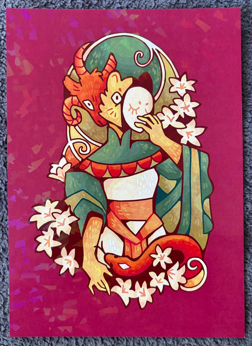 Art Nouveau Chimera  - Holographic 5 x 7 Art Print - Red