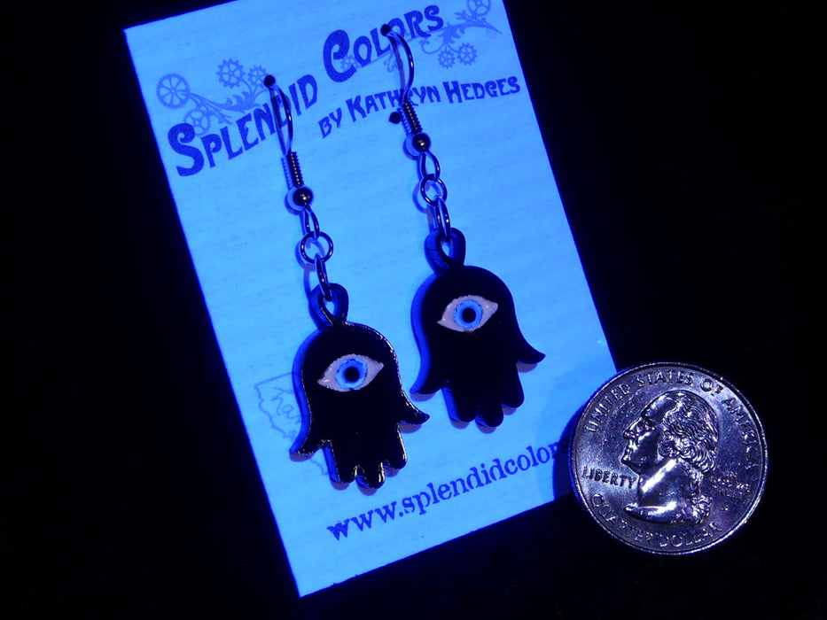 Hamsa Drop Earrings in Black with Blue Eye