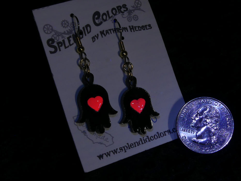 Hamsa Drop Earrings in Black with Red Heart