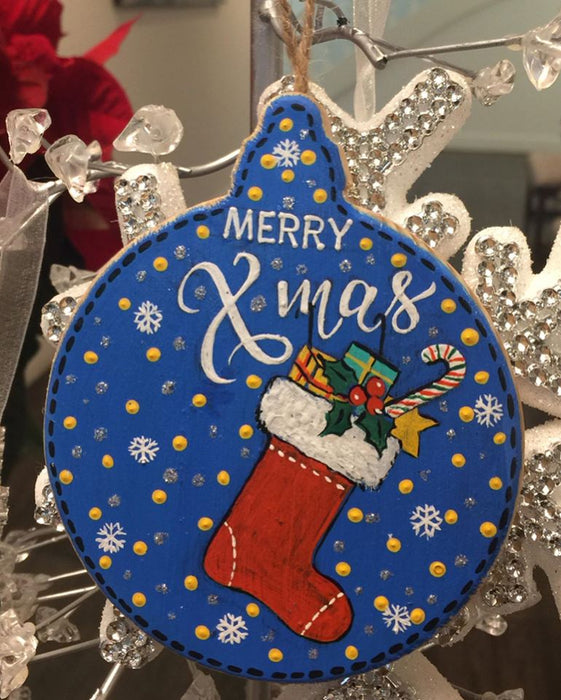 Merry X'Mas Blue Stocks (Round Shaped) Ornament