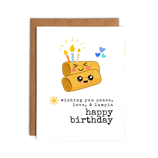 Lumpia Birthday Card with smiling lumpia, birthday candles, and a kraft envelope.