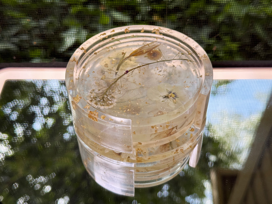 Floral Clear Resin Round Coasters + Holder Set (5 pieces)