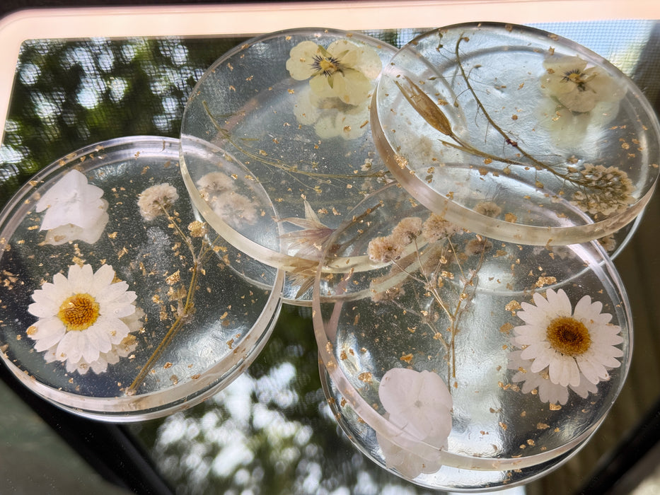 Floral Clear Resin Round Coasters + Holder Set (5 pieces)