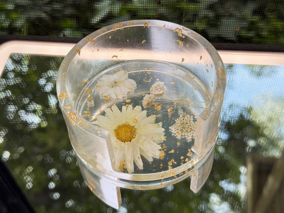 Floral Clear Resin Round Coasters + Holder Set (5 pieces)
