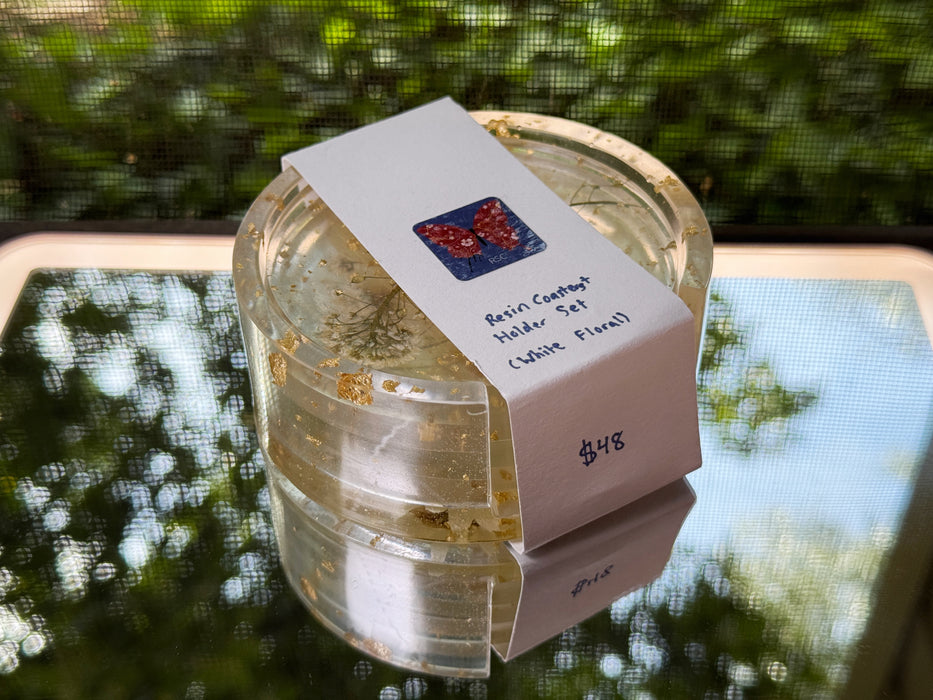Floral Clear Resin Round Coasters + Holder Set (5 pieces)