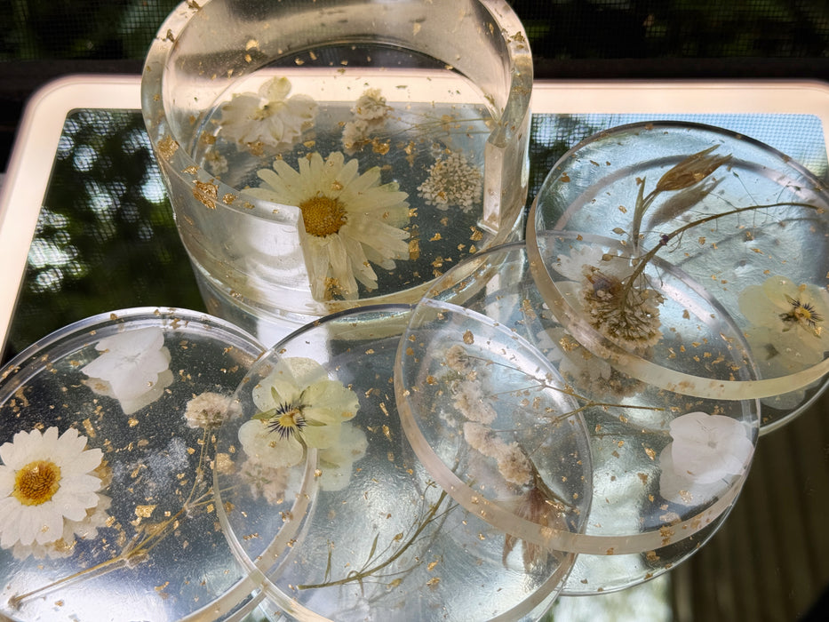 Floral Clear Resin Round Coasters + Holder Set (5 pieces)