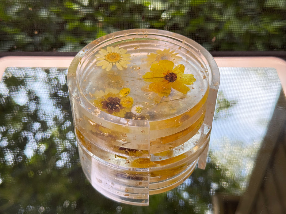 Floral Clear Resin Round Coasters + Holder Set (5 pieces)