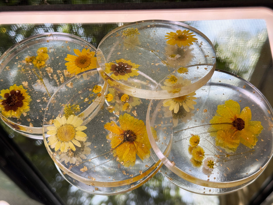 Floral Clear Resin Round Coasters + Holder Set (5 pieces)