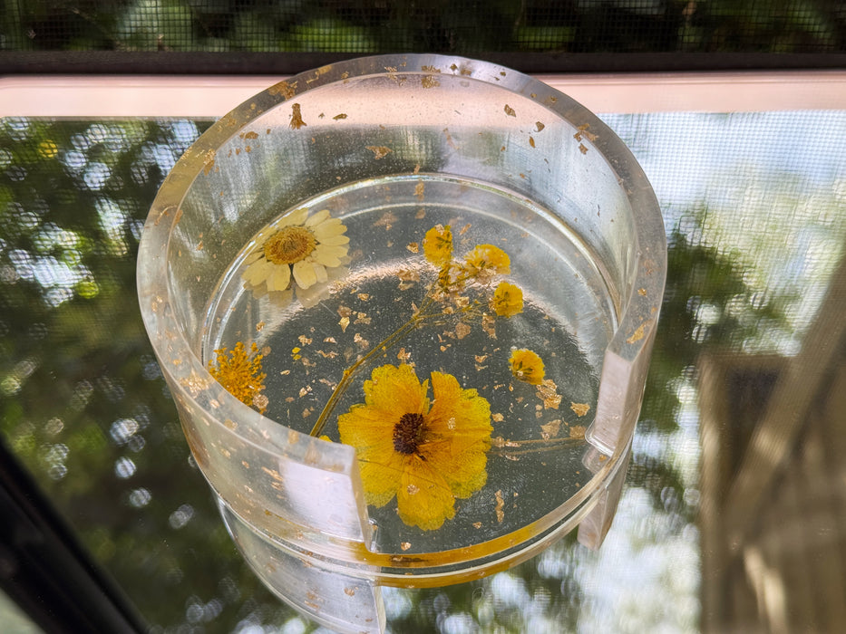 Floral Clear Resin Round Coasters + Holder Set (5 pieces)