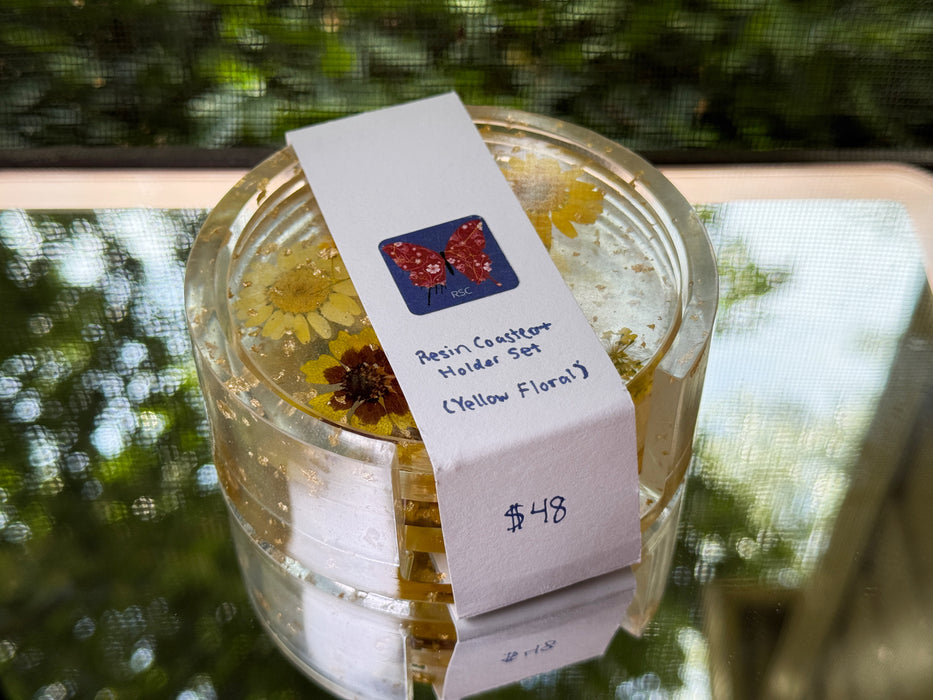 Floral Clear Resin Round Coasters + Holder Set (5 pieces)