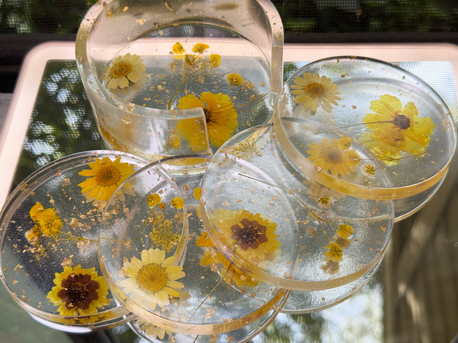 Floral Clear Resin Round Coasters + Holder Set (5 pieces)