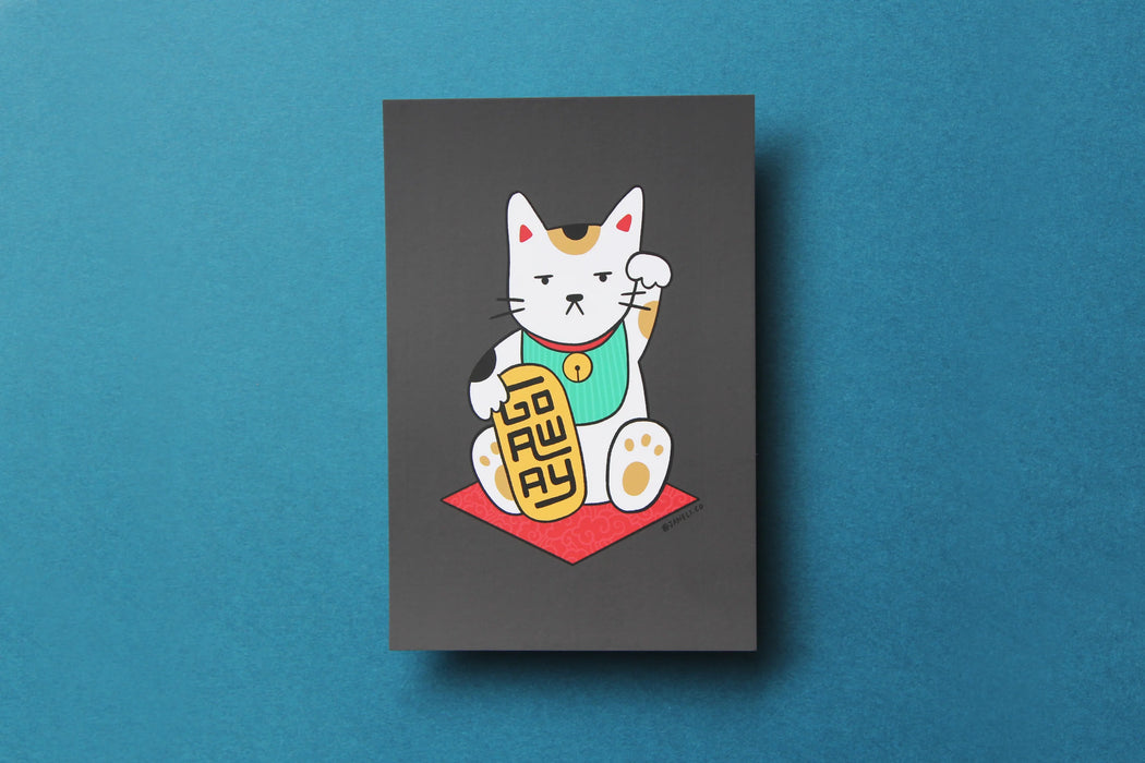 Go Away Maneki Neko Cat Postcard / Mini Print