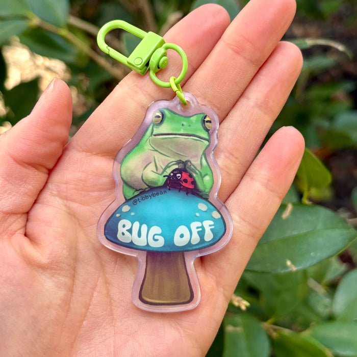 Tree frog "bug off" acrylic keychain