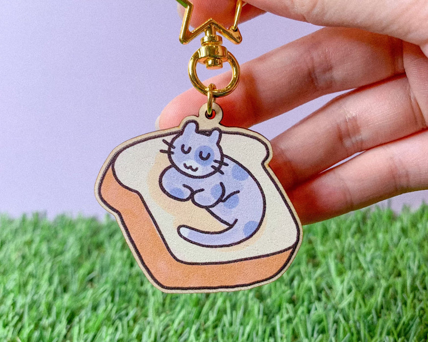Cat Bread Bed Wooden Keychain