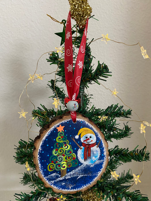 Snowman and a Tree (Wood Log) Ornament