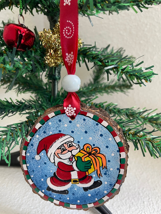 Santa with a Gift (Wood Log) Ornament