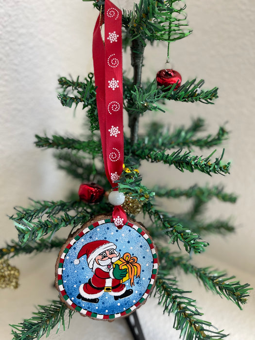 Santa with a Gift (Wood Log) Ornament