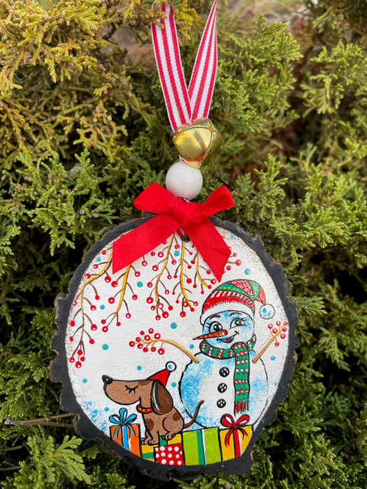 Snowman and a Dog (Wood Log) Ornament