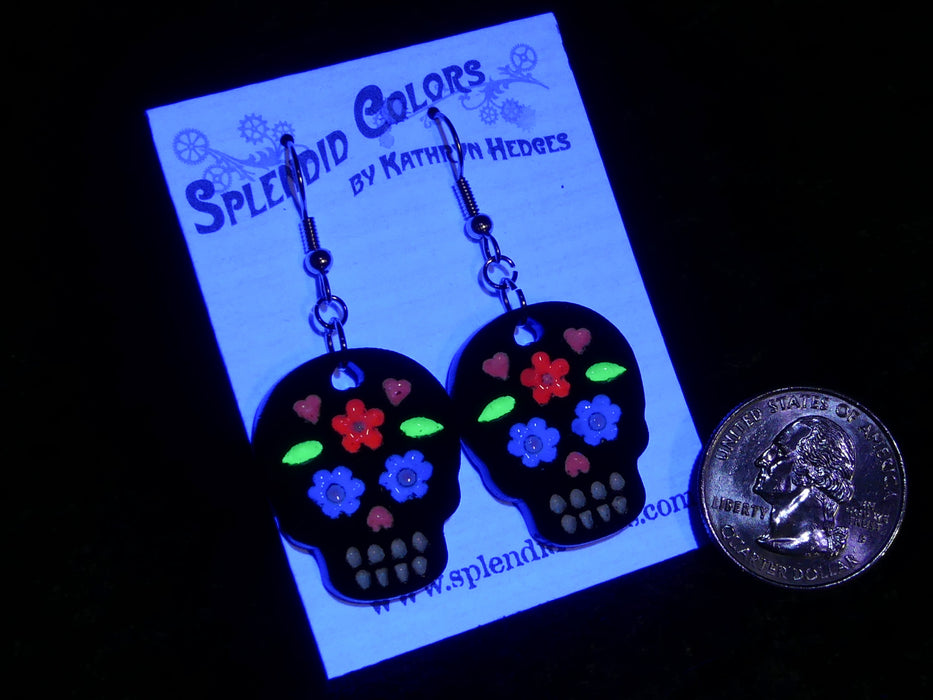 Black Sugar Skull Large Glow Drop Earring