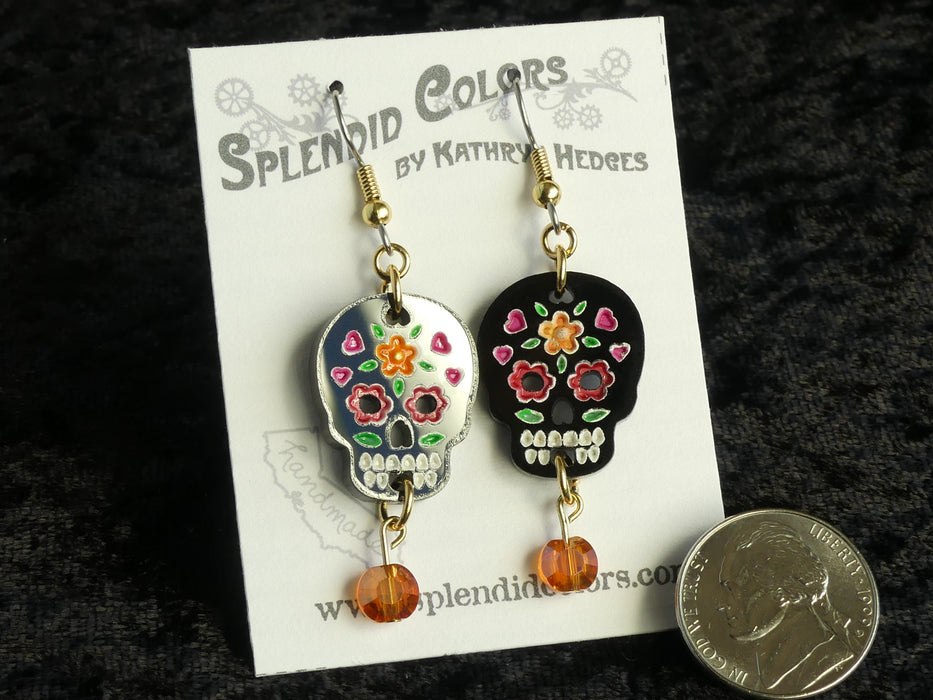 Black Sugar Skull Medium Drop Earring with Bead