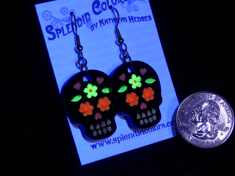 Black Sugar Skull Large Glow Drop Earring