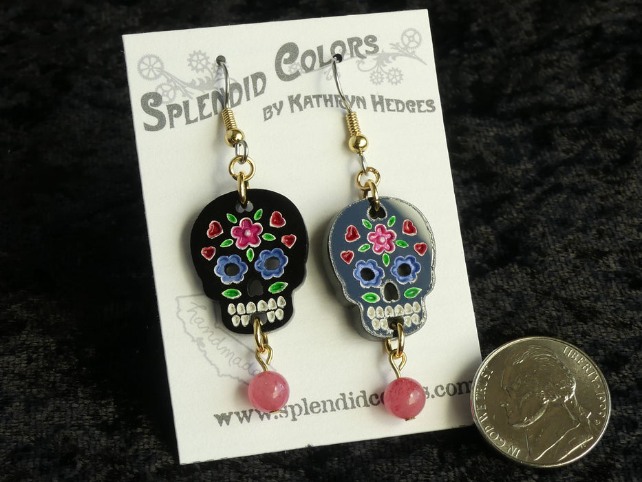 Black Sugar Skull Medium Drop Earring with Bead