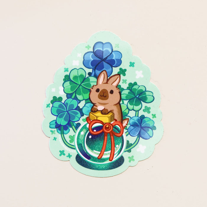 Vinyl Sticker (Holographic) Ink Potion - Four Leaf Clover and a Brown Rabbit