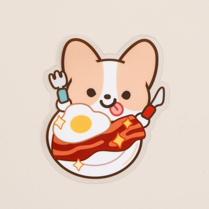 Vinyl Sticker (Transparent) Savory Breakfast - Corgi Likes Egg and Bacon