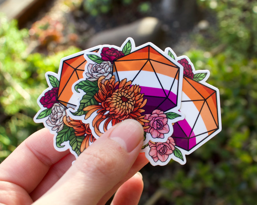 Floral D20 Sticker - Lesbian Pride