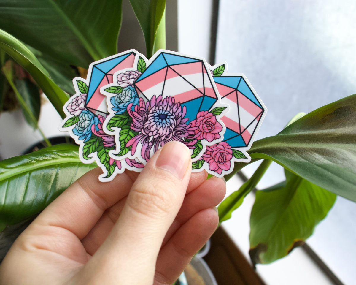 Floral D20 Sticker - Trans Pride — San José Made