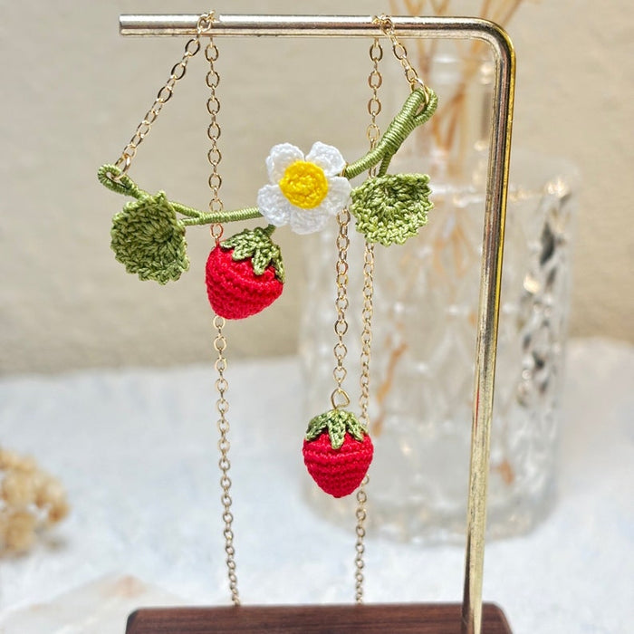 Handmade MicroCrochet Strawberries and Flower Necklace