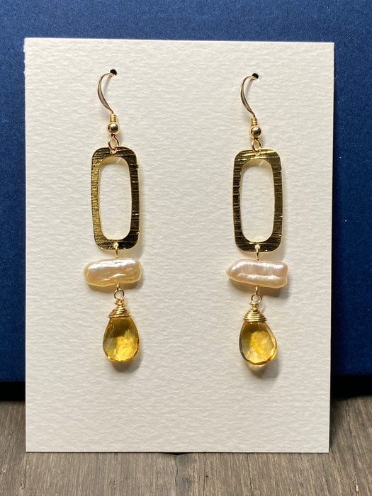 Rectangle Shape, Pearl and Citrine Drop Earring (#66)