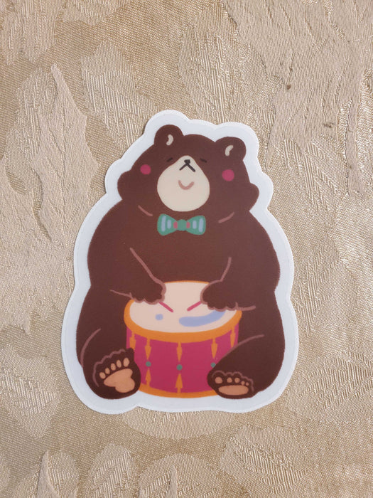 Bear with Drums Sticker  |  Cute Animal Musician sticker | Clear Vinyl Sticker