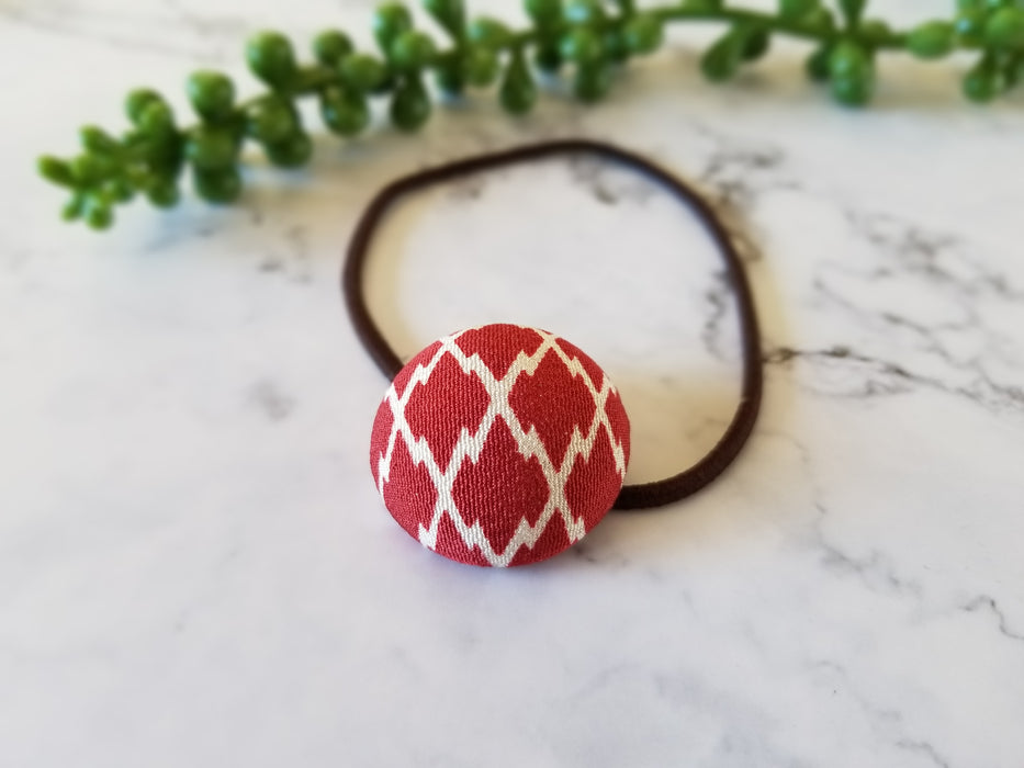 Red & White Fish Net Pattern/ A Fabric Covered Button Hair Tie using Japanese Silk Kimono Fabric