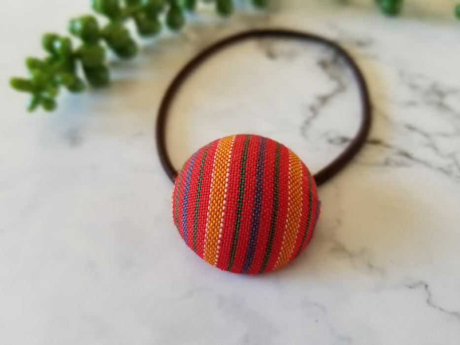 Orange Stripe/ A Fabric Covered Button Hair Tie using Japanese Silk Kimono Fabric