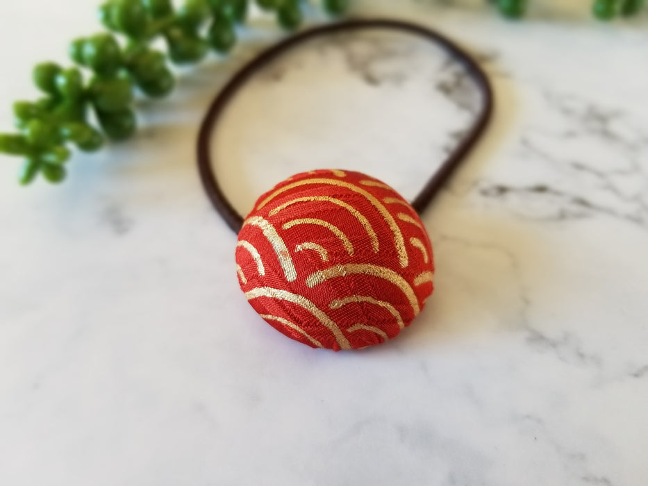 Red & Gold Wave Pattern/ A Fabric Covered Button Hair Tie using Japanese Silk Kimono Fabric