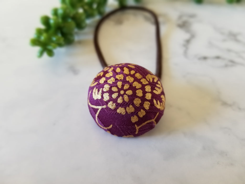 Purple & Gold Flower/ A Fabric Covered Button Hair Tie using Japanese Silk Kimono Fabric