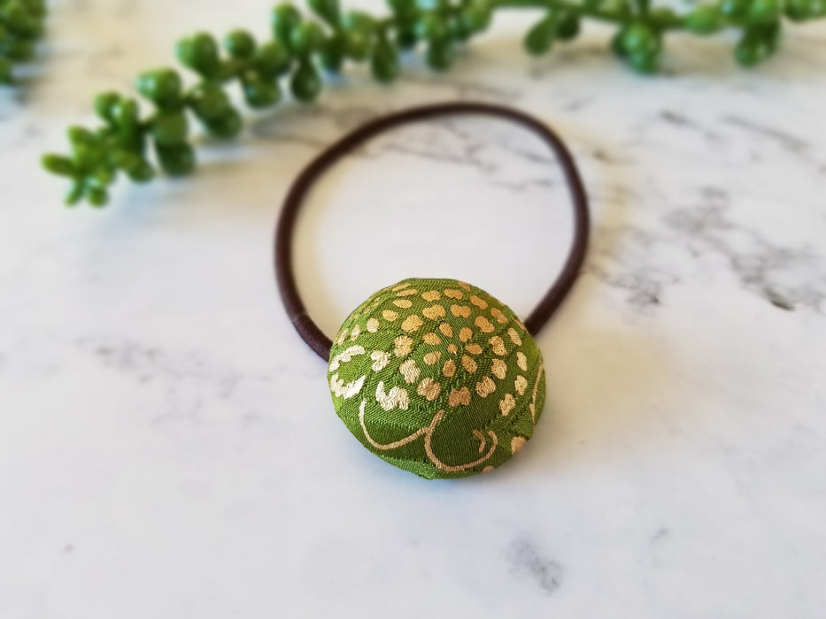 Green & Gold Flower/ A Fabric Covered Button Hair Tie using Japanese Silk Kimono Fabric