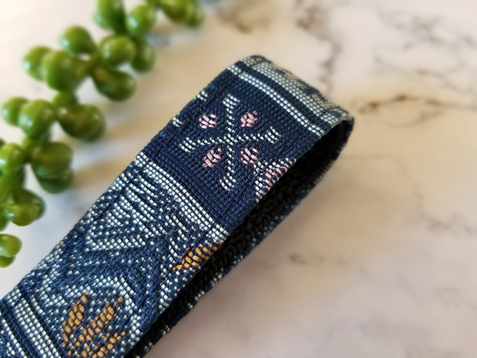 Indigo Geometric Pattern, 1" Wide Finger Loop, Key Fob made out of Japanese Silk Obi Fabric,Keychain Wristlet, Silk Kimono Key Fob, Lanyards for Key Strap Keychain, Wrist Lanyard, New Car Gift