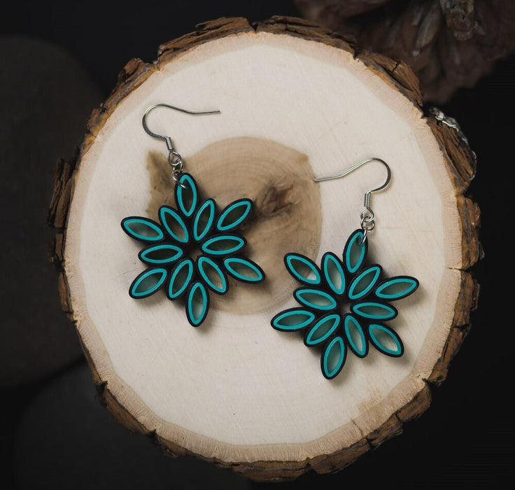 Samudra - Turquoise Flower Dangle Paper Quilling Earrings - 1st Anniversary Gift - Paper Quilled Jewelry